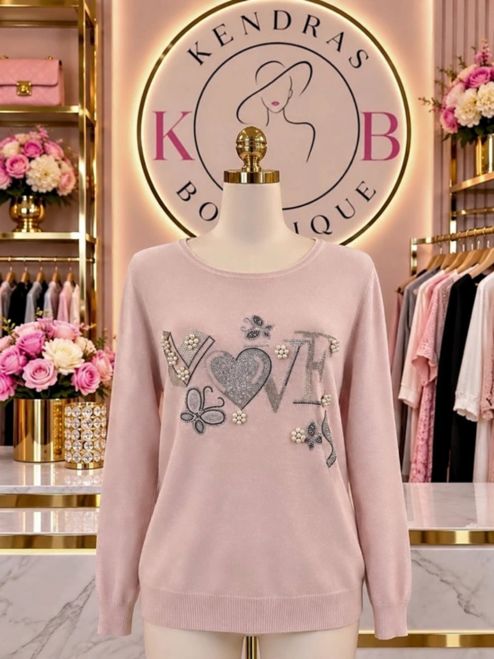 Pink Embellished Crew Neck Sweater